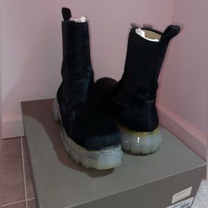 RICK OWENS Black fur Bozo Tractor Chelsea Boots